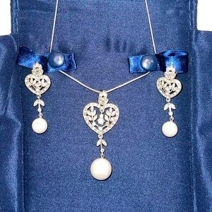Vintage Necklace and Earring Set - Silver heart and Pearl